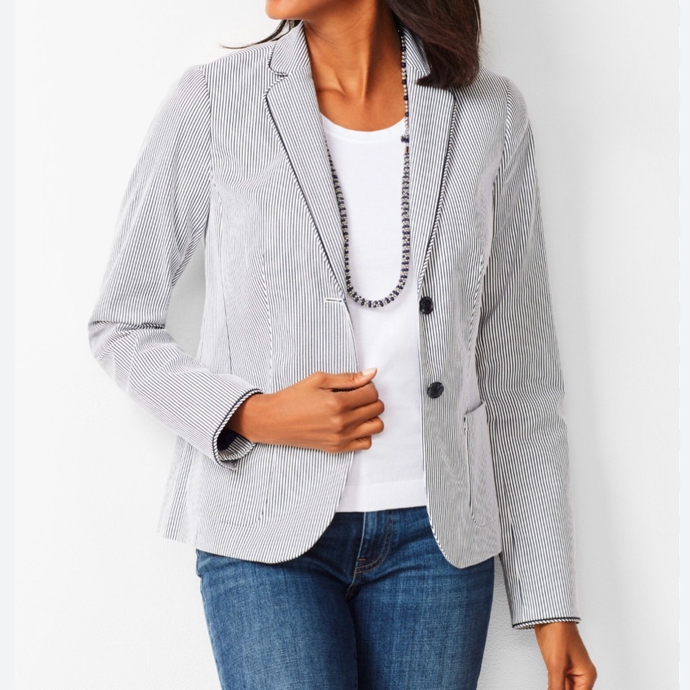 **SALE**

Talbots White and Navy Pinstripe Cotton Blazer